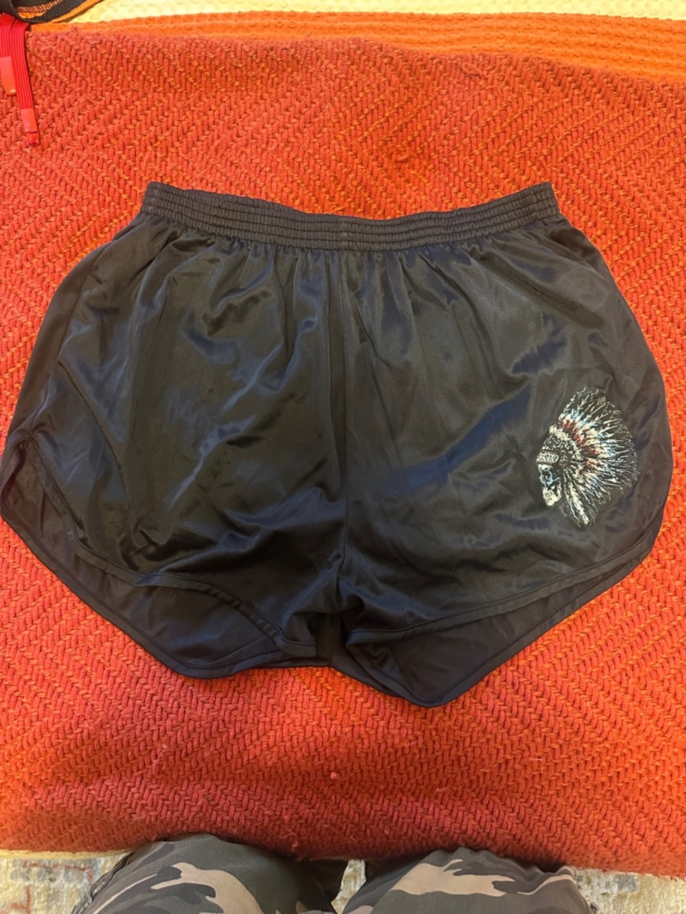 Black Men's Athletic Shorts with Embroidered Headdress Detail (silkies)